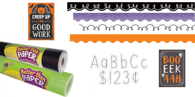 image shows black and lime green bulletin board paper, with black with white squiggles border trim, white with black squiggles border trim, sparkle purple border trim, orange border trim, black and white letters, and halloween posters