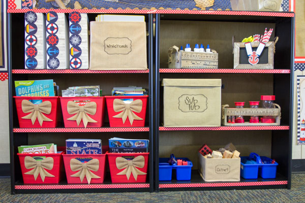 Shelf with Burlap Organizers